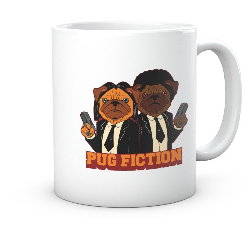 Śmieszny kubek parodia filmu Pug Fiction z dwoma mopsami 330 ml