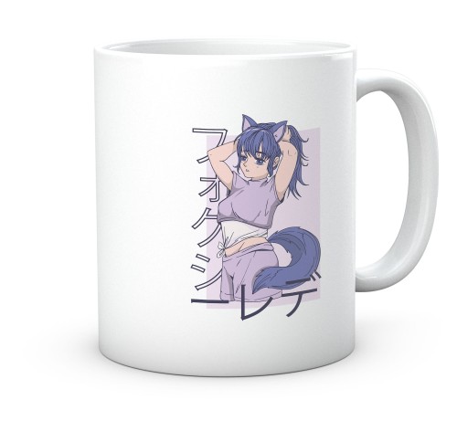 Biały kubek ceramiczny z nadrukiem manga dziewczyna lis 330 ml
