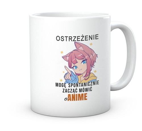 Kubek z rysunkiem dziewczyny anime i tekstem ostrzeżenia o mówieniu o anime 330 ml
