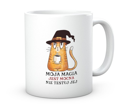 Kubek prezentowy z grafiką kota czarodzieja z kawą 330 ml