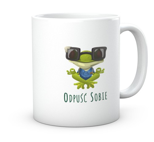 Ceramiczny kubek z żabą w pozycji medytacji i napisem Odpuść sobie 330 ml.