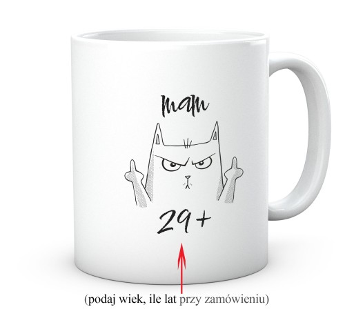 Biały kubek ceramiczny z kotem i napisem mam lat z plusem 330 ml