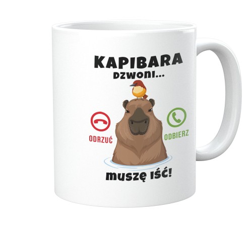 Biały kubek 330 ml do biura z nadrukiem dzwoniącej kapibary