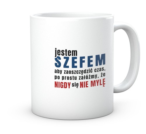 Biały kubek ceramiczny dla szefa z nadrukiem 330 ml