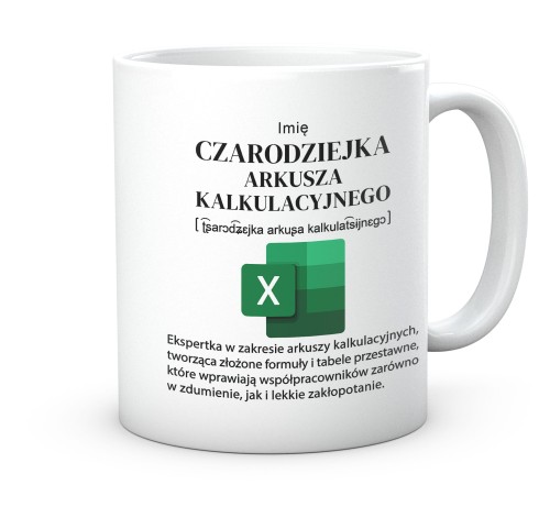 Biały kubek z nadrukiem czarodziejka arkusza kalkulacyjnego