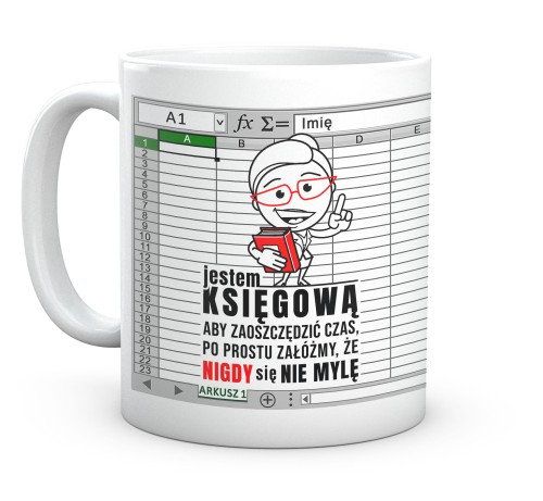 Biały kubek ceramiczny 330 ml dla księgowej z motywem Excela