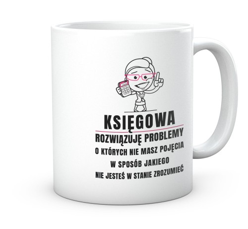 Zabawny kubek ceramiczny z nadrukiem postaci księgowej na biurku