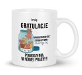Biały ceramiczny kubek na pożegnanie z pracy z nadrukiem rysunkowych piesków 330 ml