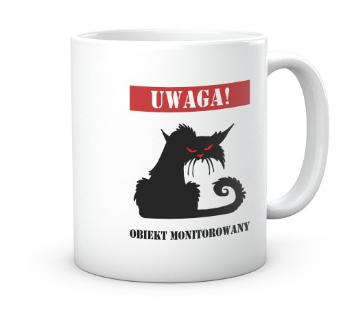 Śmieszny kubek uwaga obiekt monitorowany z oczami kota