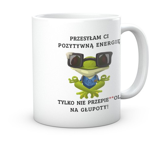 Ceramiczny biały kubek ze śmieszną żabą i napisem Przesyłam Ci pozytywną energię