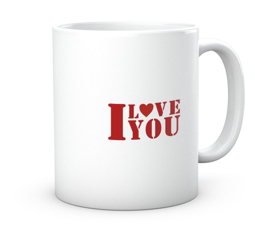 Ceramiczny biały kubek dla zakochanych z czerwonym napisem I Love You widocznym z dwóch stron