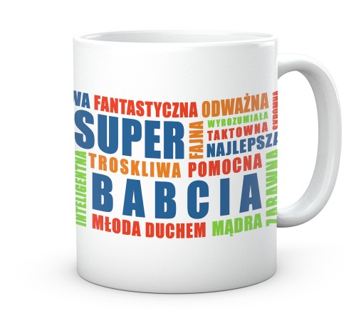 Ceramiczny kubek dla babci z grafiką chmury pięknych słów