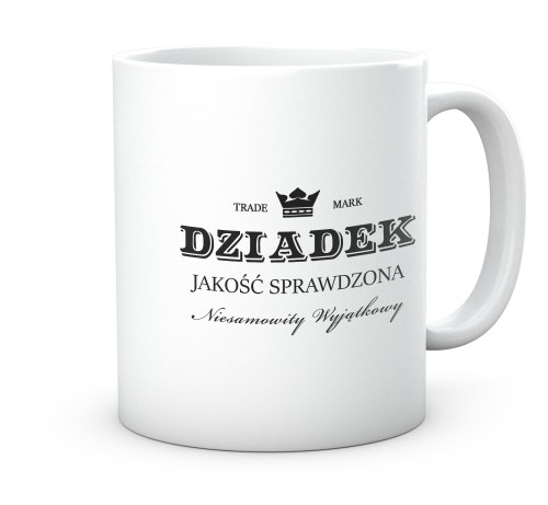 Biały kubek z nadrukiem trade mark dziadek jakość sprawdzona 330 ml