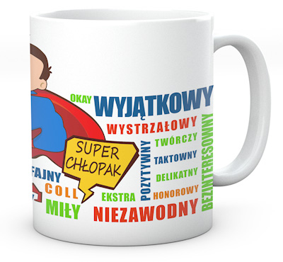 Biały kubek z napisem Super Chłopak w kartoniku fasonowym 1