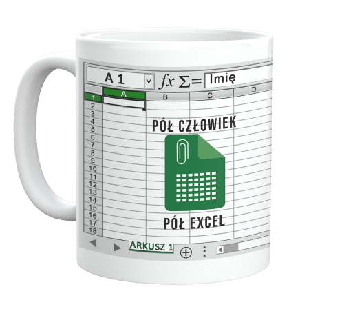Ceramiczny kubek z nadrukiem pół człowiek pół excel i imieniem 330 ml