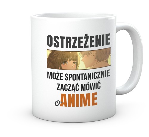 Biały kubek z napisem Ostrzeżenie Może Mówić o Anime 330 ml