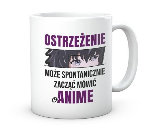 Biały kubek z napisem Ostrzeżenie Może Mówić o Anime 330 ml