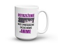 Biały kubek z napisem Ostrzeżenie Może Mówić o Anime 450 ml