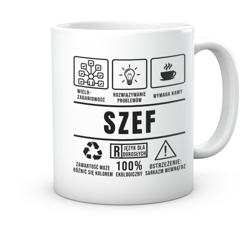 Biały kubek z ikonami zawodu i napisem dla szefa 330 ml