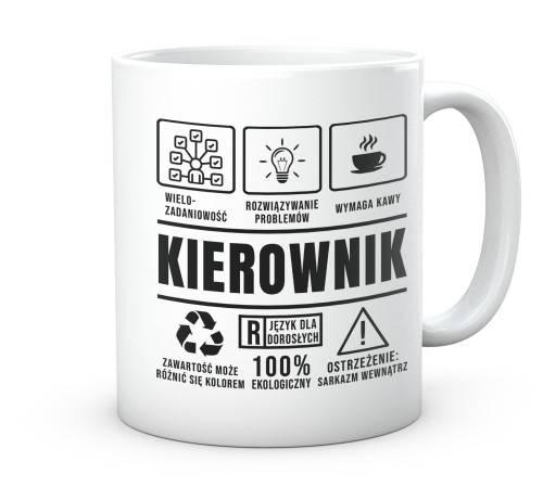 Biały kubek z czarnymi ikonami zawodu dla kierownika 330 ml