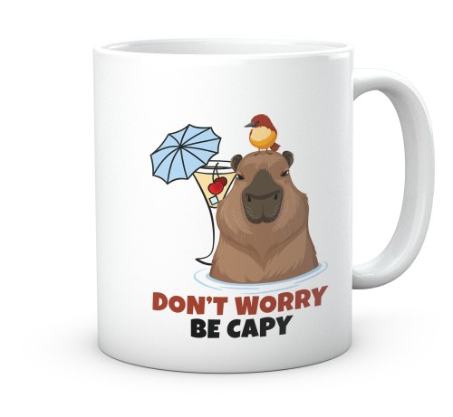 Biały ceramiczny kubek z nadrukiem don't worry be capy 330 ml