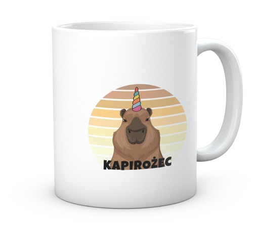 Ceramiczny kubek z grafiką kapibary z rogiem i napisem Kapirożec 330 ml