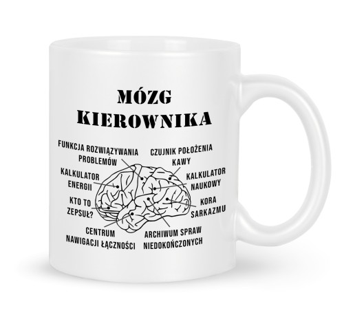 Biały kubek 330 ml z nadrukiem mózg kierownika do biura