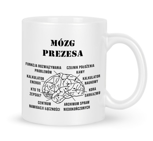 Biały kubek 330 ml z nadrukiem mózg prezesa do biura