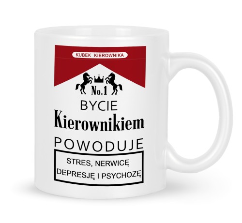Biały kubek ceramiczny dla kierownika z napisami o stresie