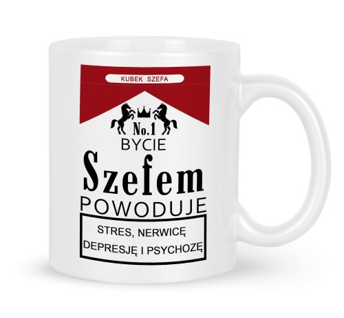 Biały kubek ceramiczny dla szefa lidera z napisami o stresie