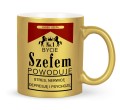 Złoty kubek ceramiczny dla szefa lidera z napisami o stresie