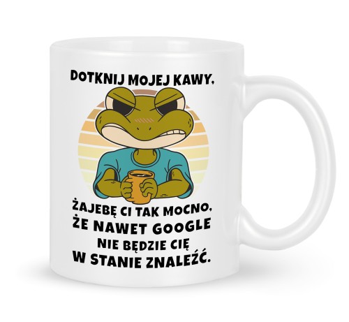 Biały kubek ceramiczny z nadrukiem komicznej żaby