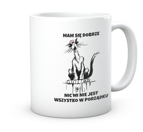 Biały kubek ceramiczny z nadrukiem czarnego kota