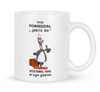 Żartobliwy kubek na odejście z pracy z motywem wesołego koguta