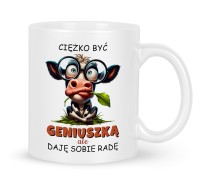 Śmieszny kubek do pracy z motywem zamyślonej krówki