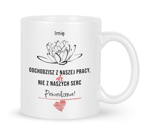 Biały kubek na pożegnanie z pracy z imieniem od współpracowników