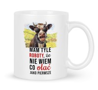 Dowcipny ceramiczny kubek biurowy z grafiką krowy w okularach