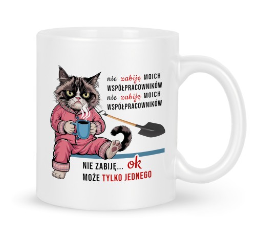 Biały kubek ceramiczny z nadrukiem czarnego kota