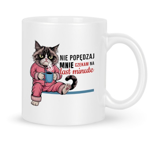 Biały kubek ceramiczny z nadrukiem kota Last Minute