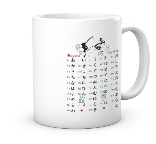 Biały kubek ceramiczny z tabelą pisma hiragana