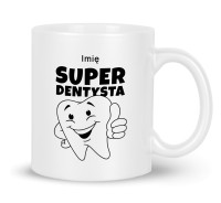 Kubek z napisem „Super Dentysta” oraz grafiką uśmiechniętego zęba
