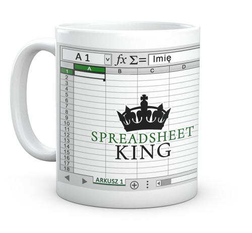 Biały kubek ceramiczny z napisem Spreadsheet King dla księgowego 330 ml