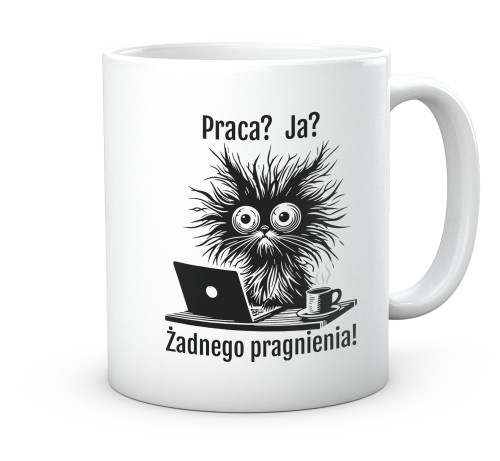 Kubek 330 ml z czarnym kotem „Praca i ja” – zabawny gadżet do pracy